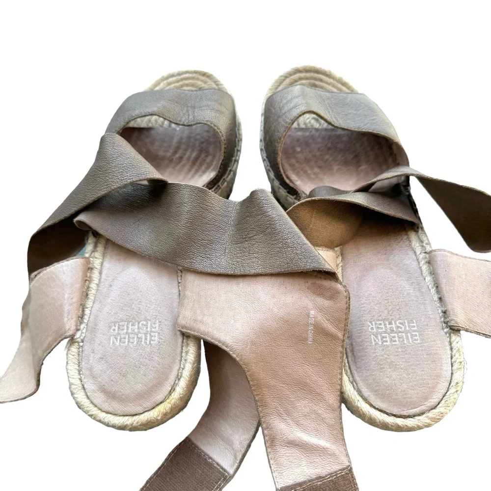 Eileen Fisher Willow Metallic Sandals Brown Tumbled Leather Wedge Espadrille